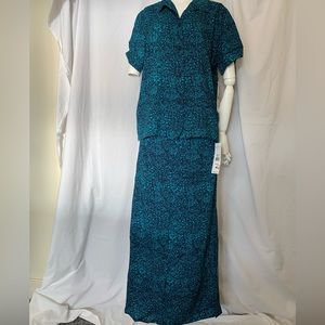 Two piece top and skirt outfit, blue floral, long skirt